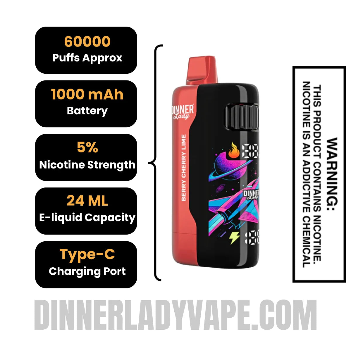 Berry Cherry Lime Dinner Lady Galax 60K Disposable Vape Specifications