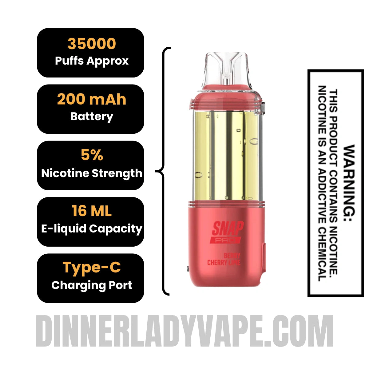 Berry Cherry Lime Dinner Lady Snap Pro 35K Disposable Vape Pod Specifications

