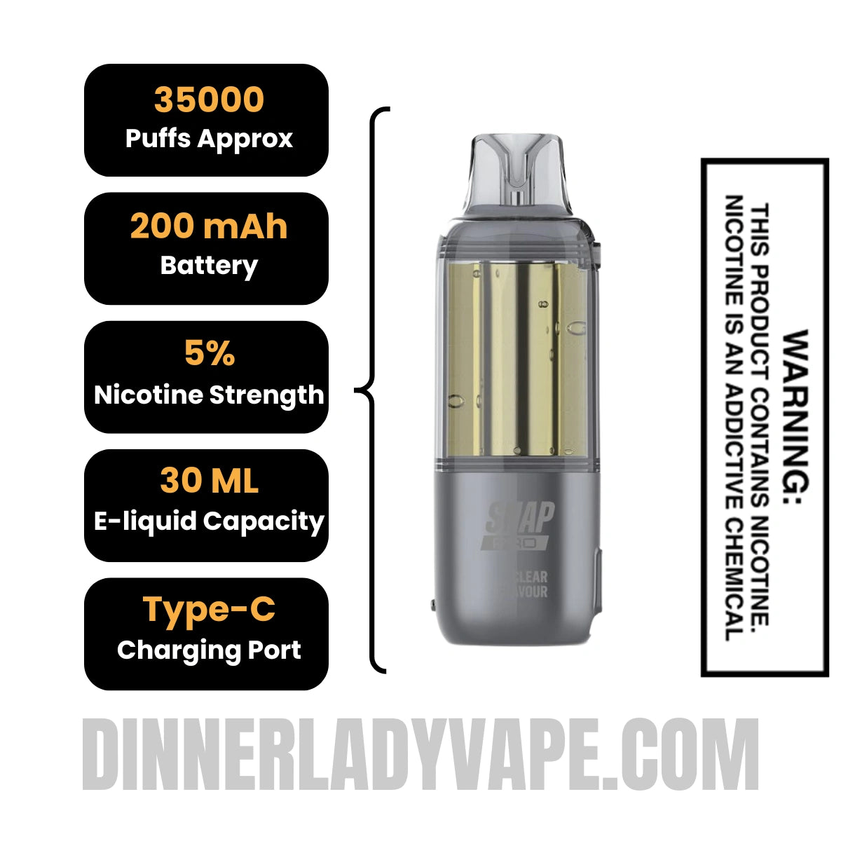 Clear Dinner Lady Snap Pro Intense 35K Pre-filled Replacement Pod Specifications