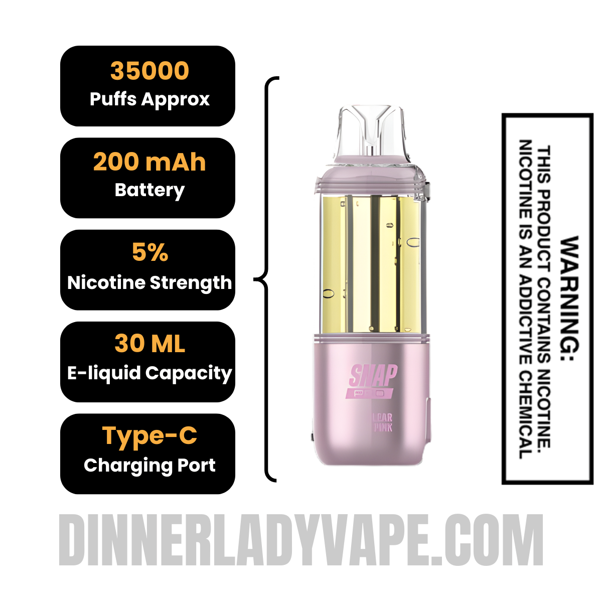 Clear Pink Dinner Lady Snap Pro Intense 35K Pre-filled Replacement Pod Specifications