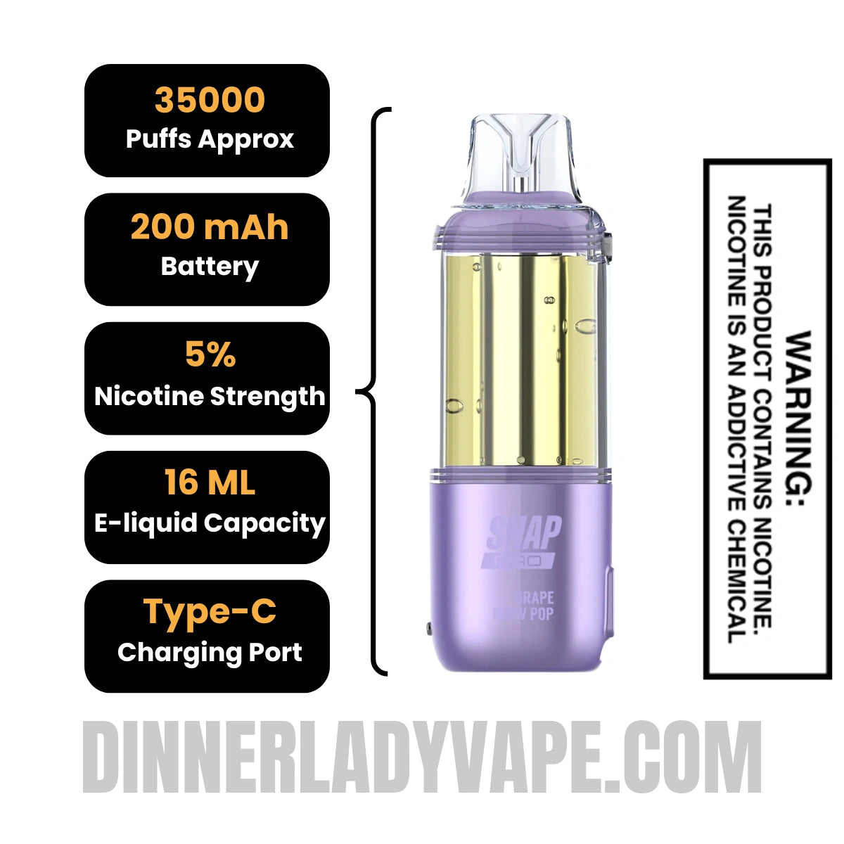 Grape Blow Pop Dinner Lady Snap Pro 35K Disposable Vape Pod Specifications