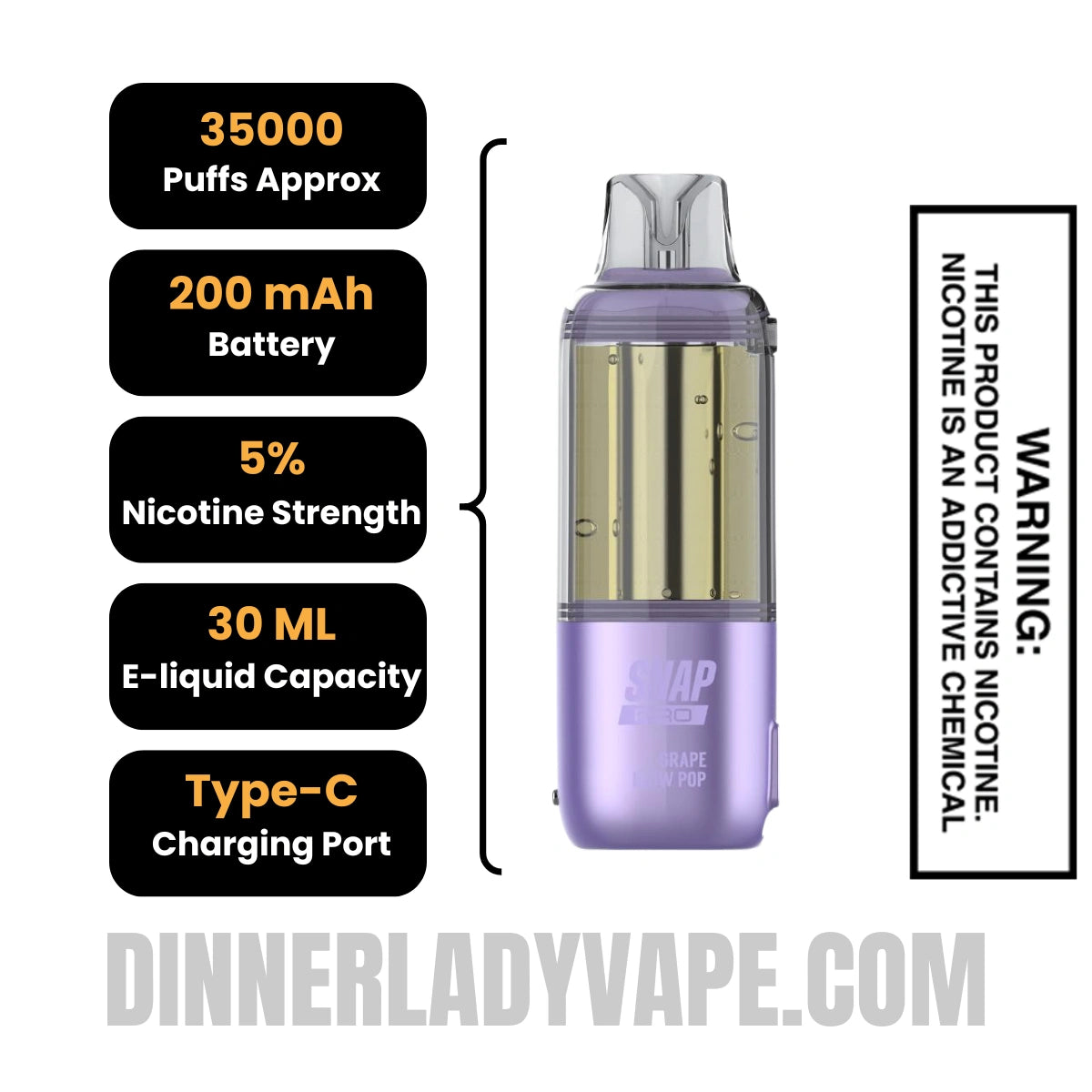 Grape Blow Pop Dinner Lady Snap Pro Intense 35K Pre-filled Replacement Pod Specifications