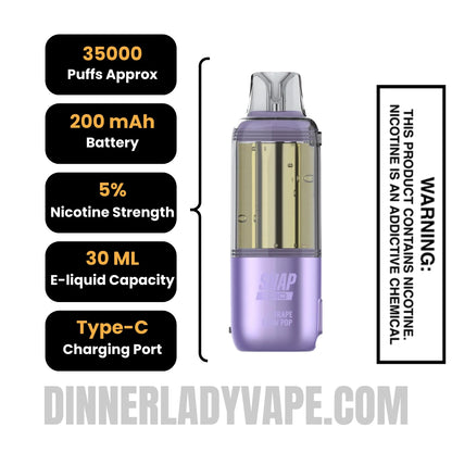 Grape Blow Pop Dinner Lady Snap Pro Intense 35K Pre-filled Replacement Pod Specifications