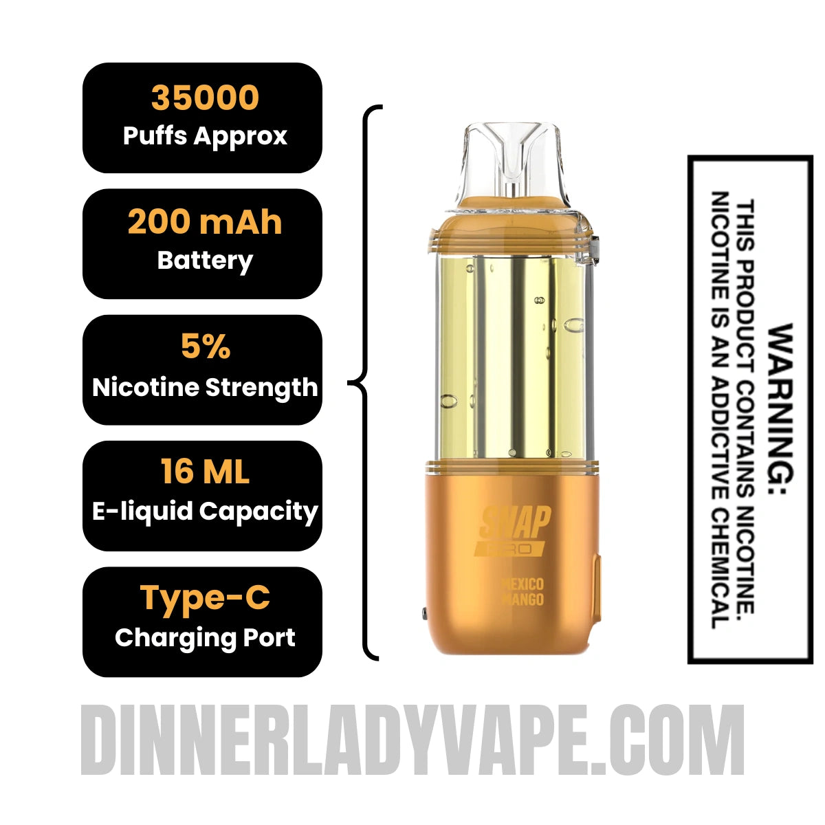 Mexico Mango Dinner Lady Snap Pro 35K Disposable Vape Pod Specifications