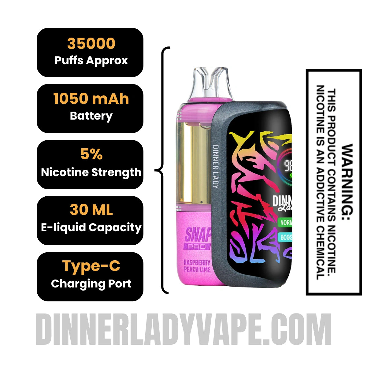 Raspberry Peach Lime Dinner Lady Snap Pro 35K Disposable Vape Kit Specifications
