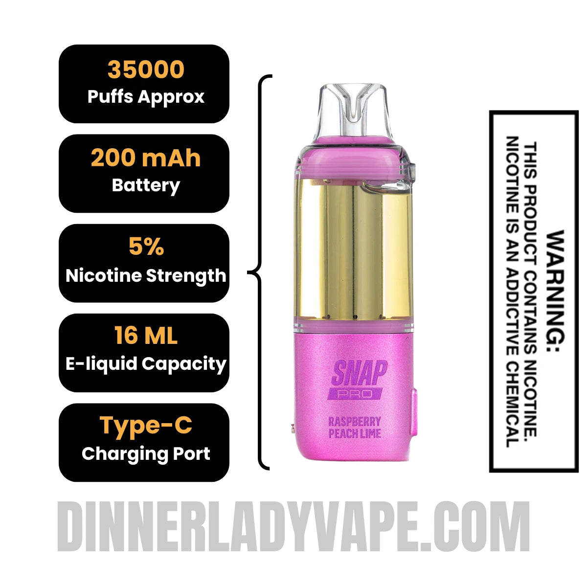 Raspberry Peach Lime Dinner Lady Snap Pro 35K Disposable Vape Pod Raspberry Peach Lime Dinner Lady Snap Pro 35K Disposable Vape Pod