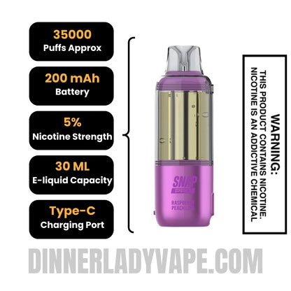 Raspberry Peach Lime Dinner Lady Snap Pro Intense 35K Pre-filled Replacement Pod Specifications