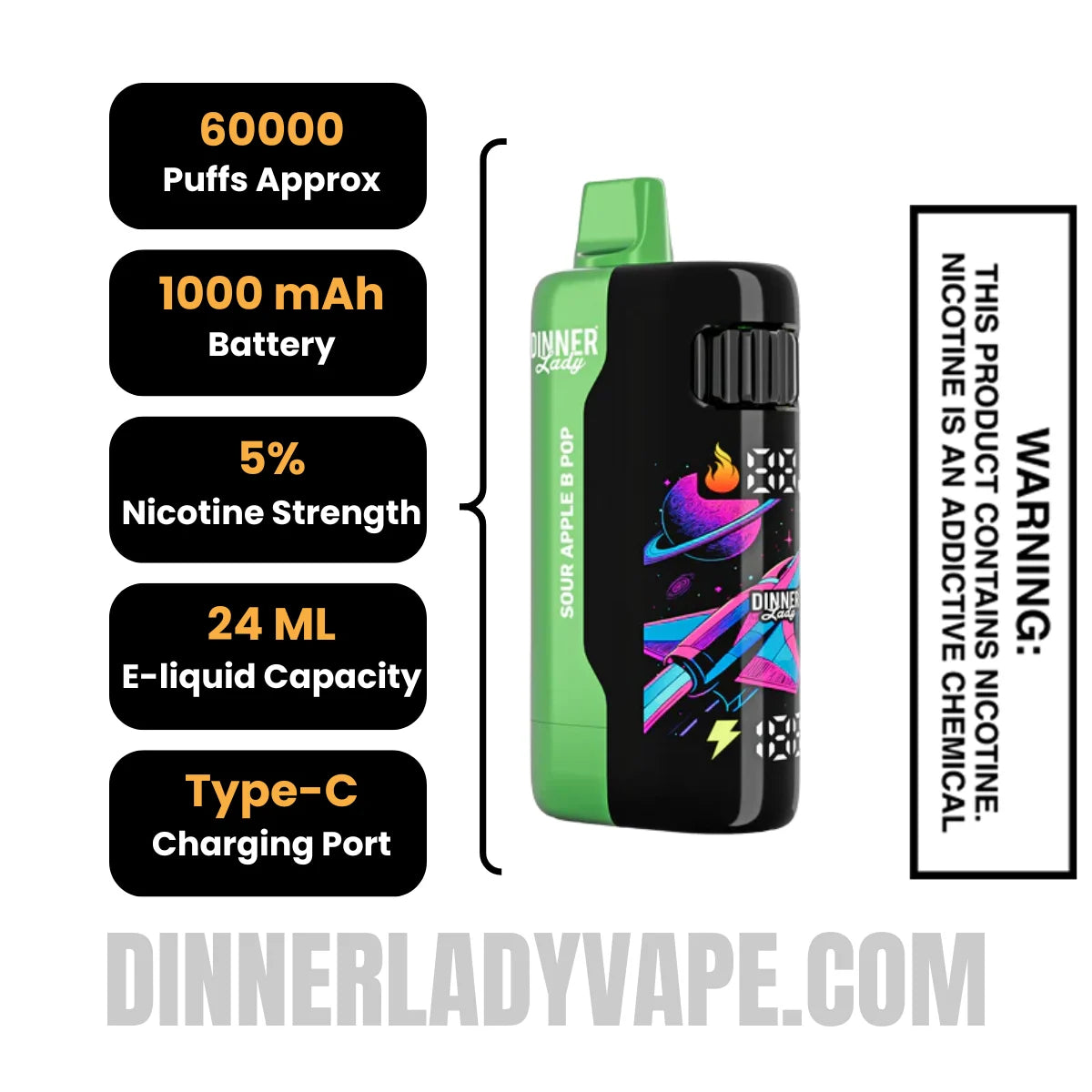 Sour Apple B Pop Dinner Lady Galax 60K Disposable Vape Specifications