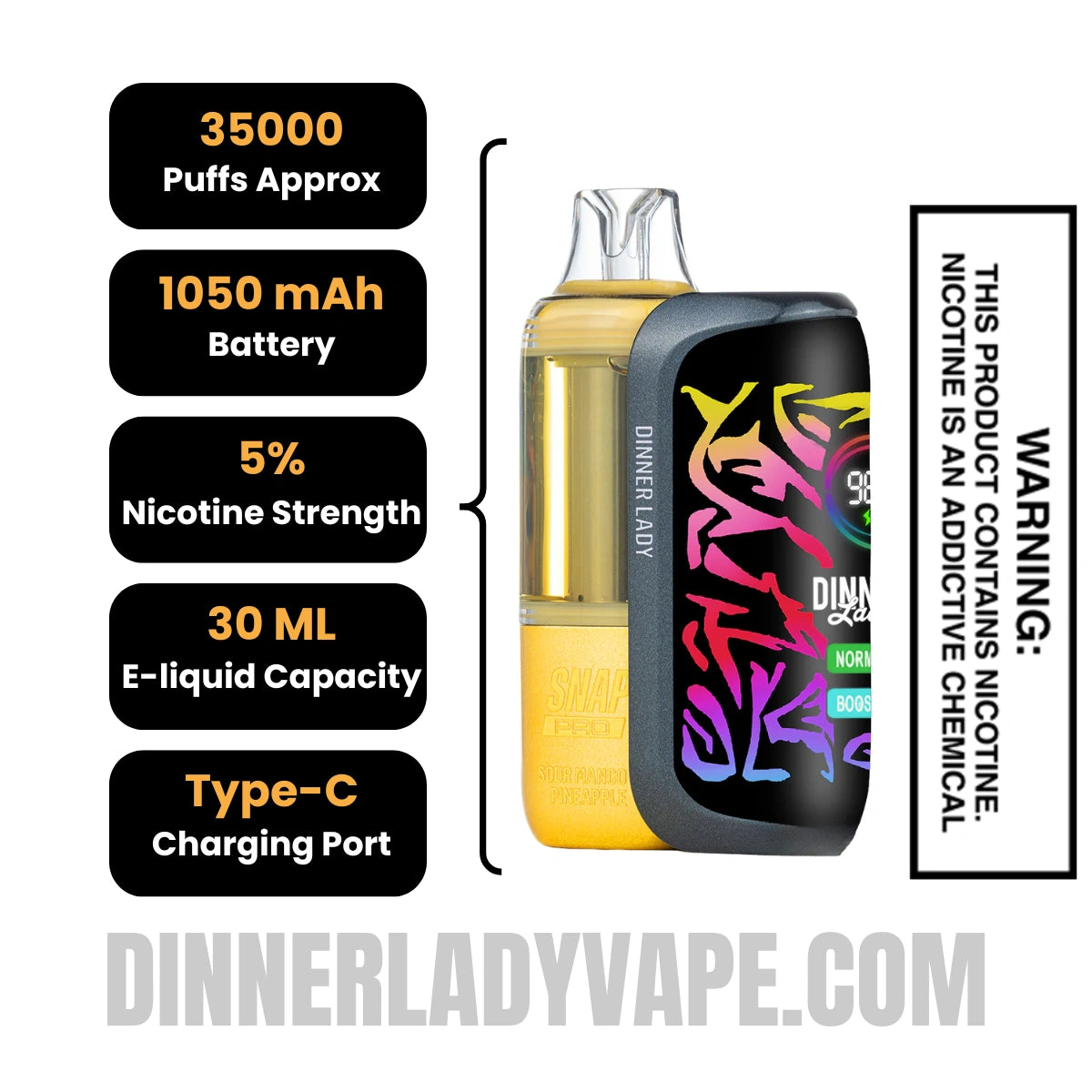 Sour Mango Pineapple Dinner Lady Snap Pro 35K Disposable Vape Kit Specifications